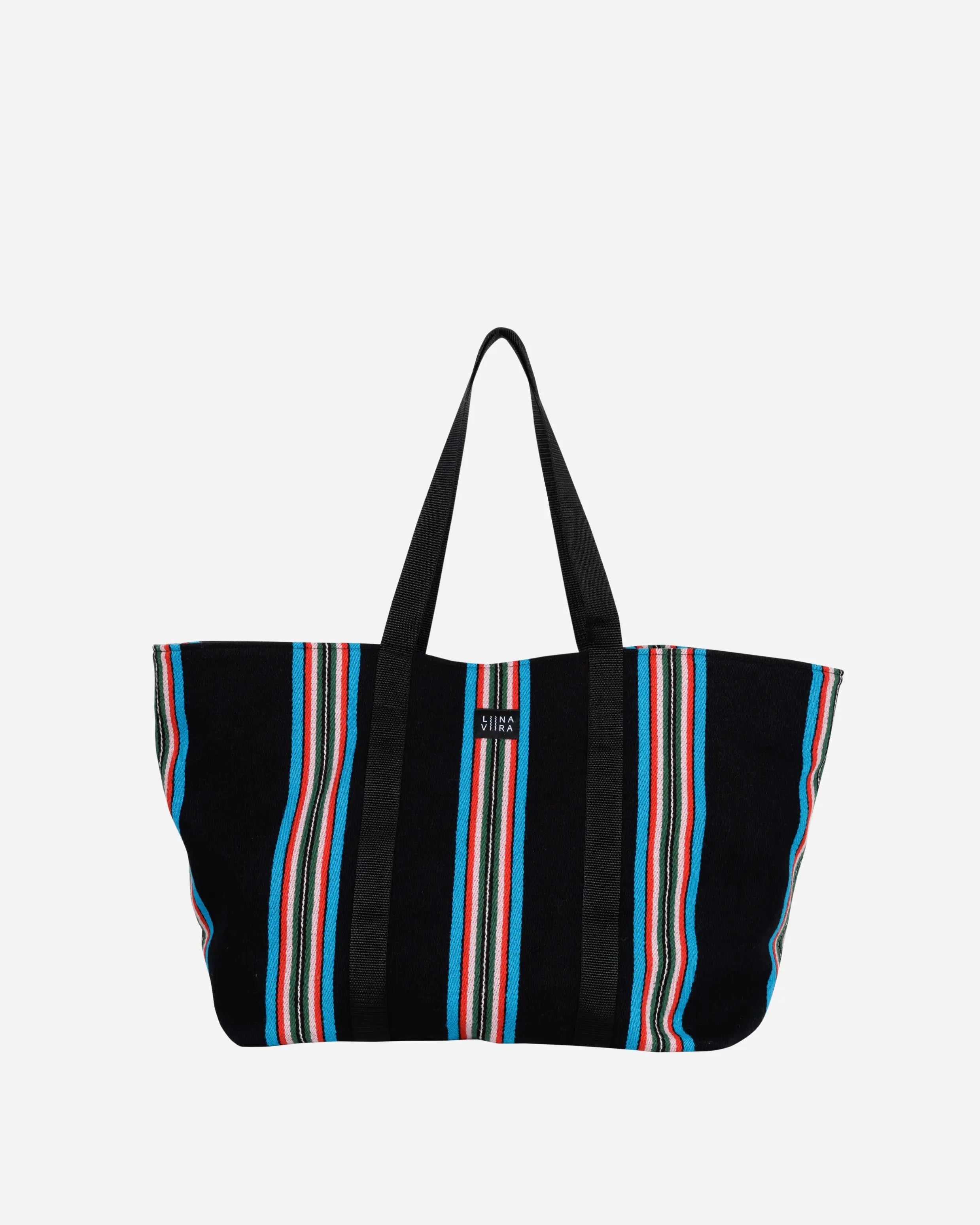 Black tote bag with colorful stripes on a white background