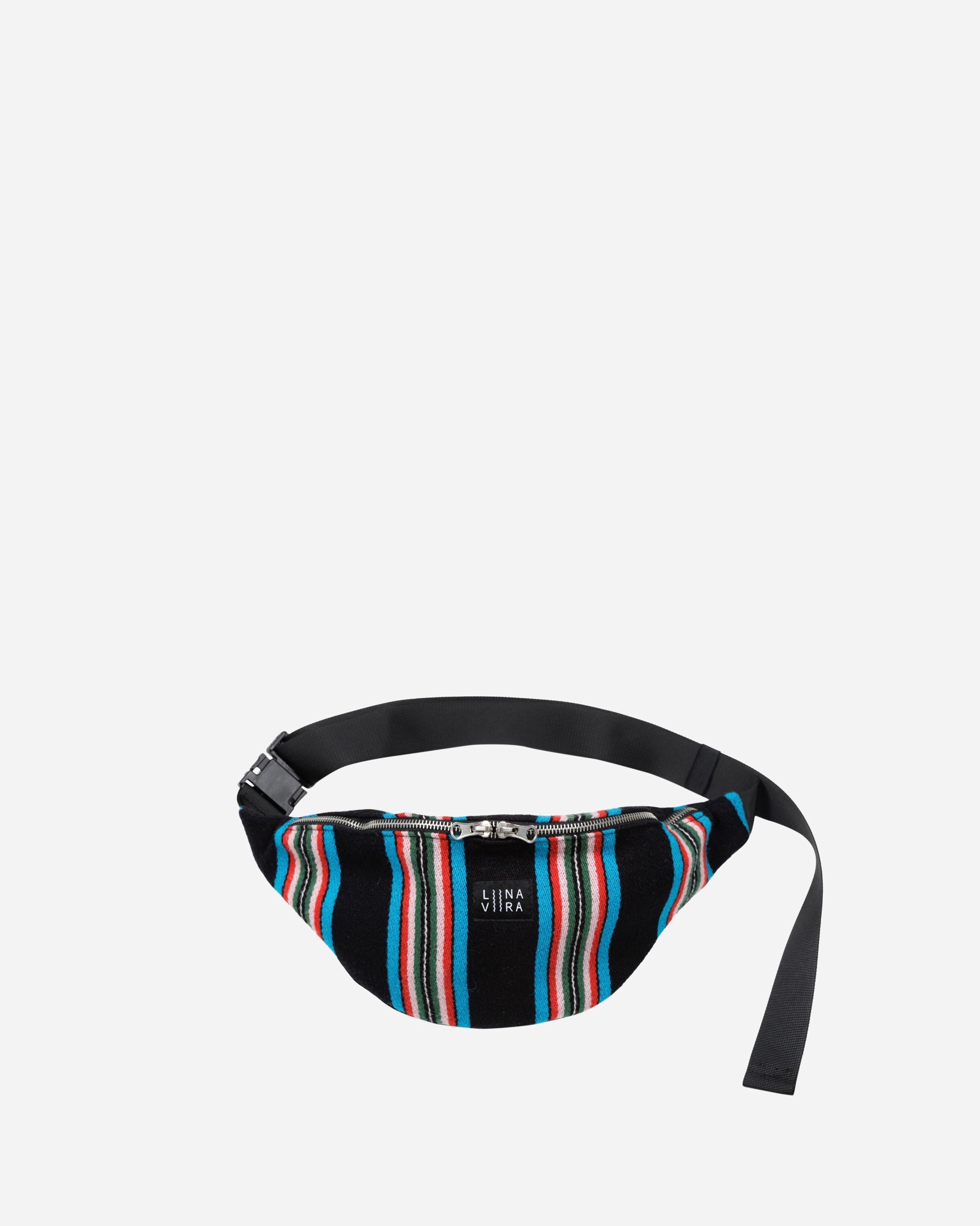 Colourful striped waist bag on a light gray background