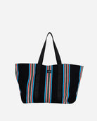 Black tote bag with colorful stripes on a white background
