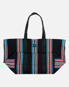 Black tote bag with colorful striped pattern on a white background