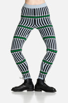 Person wearing patterned merino wool leggings.