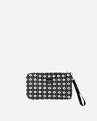 Black and white patterned pouch with a wrist strap on a light gray background