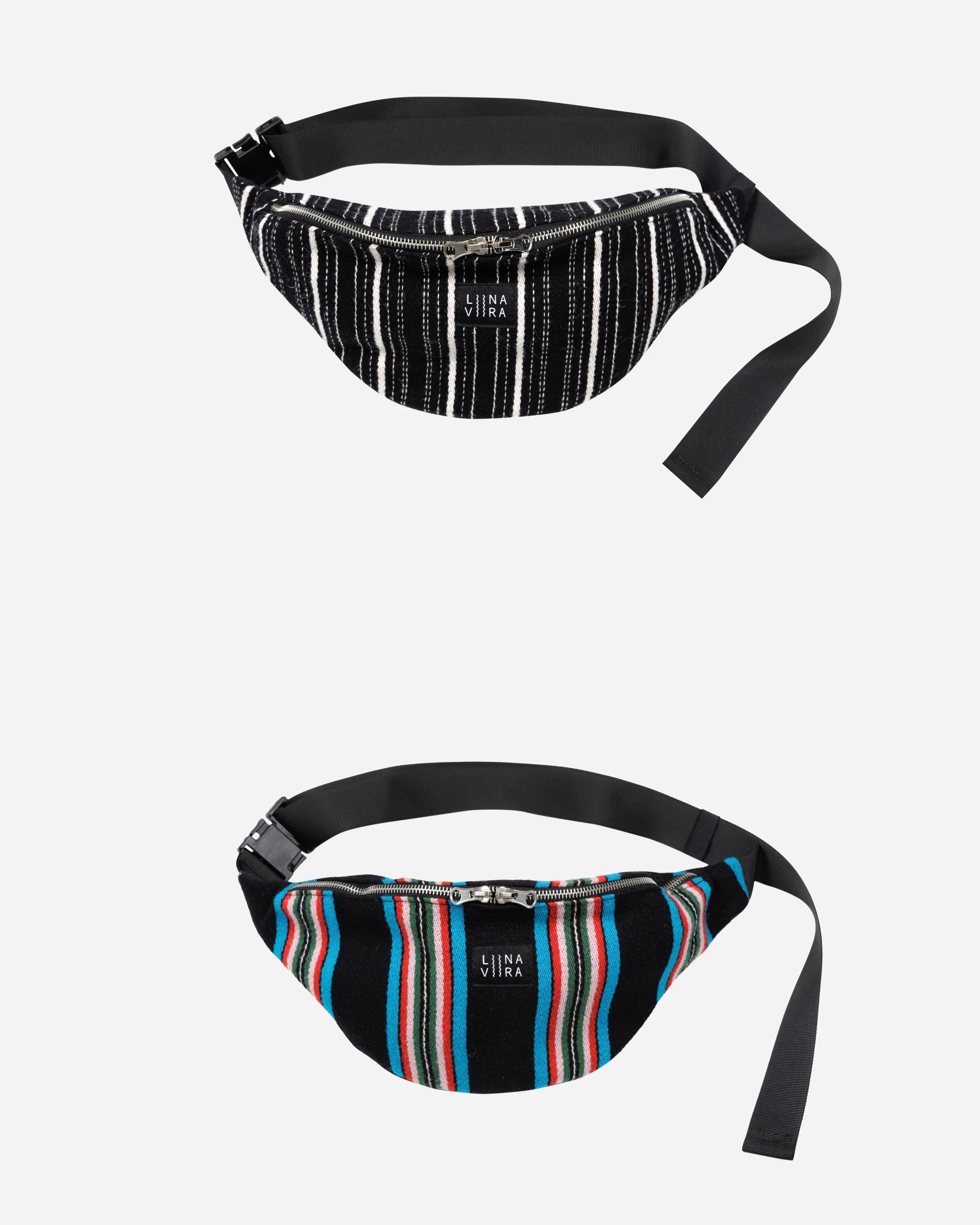 Two striped fanny packs on a white background