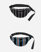 Two striped fanny packs on a white background