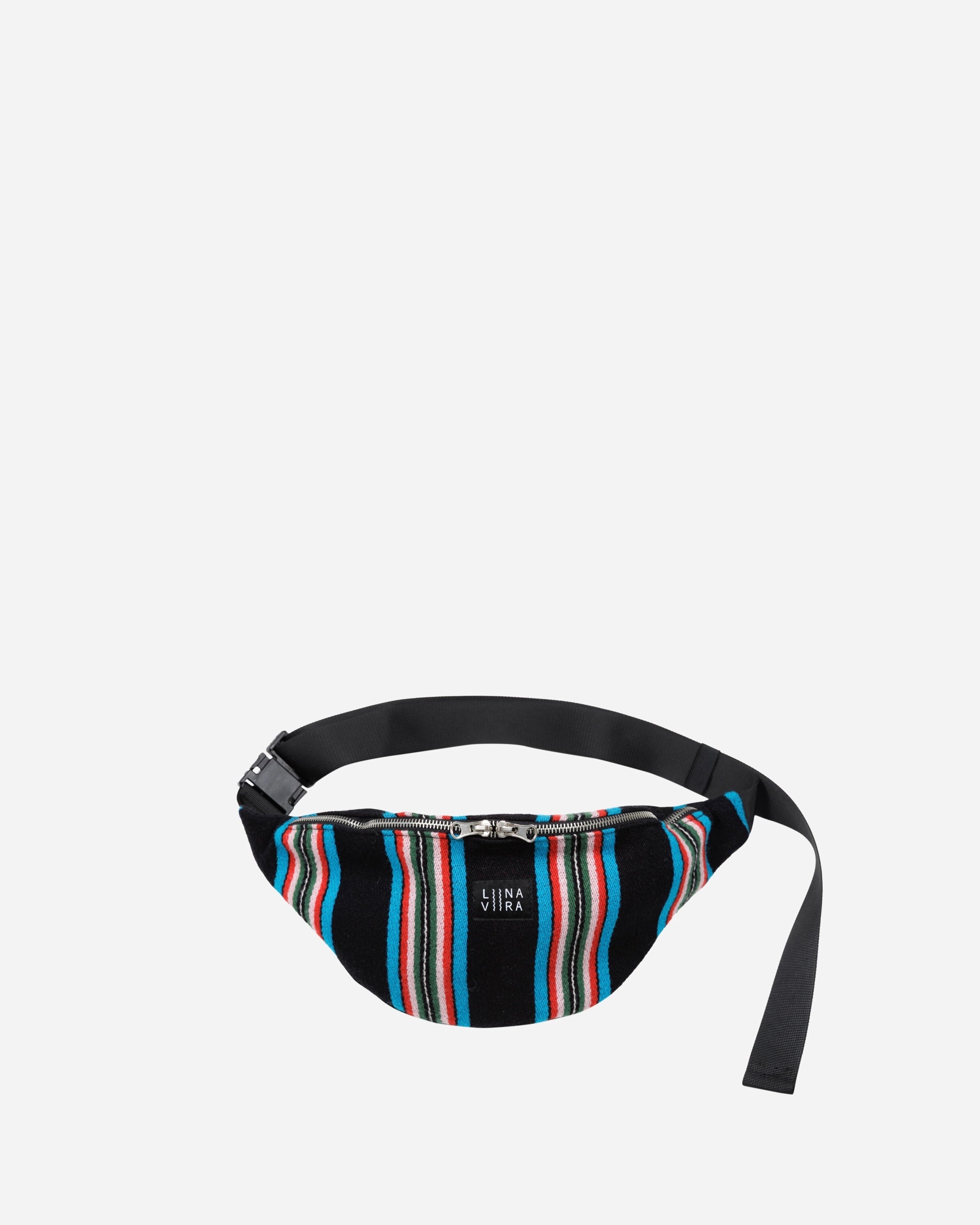 Colourful striped waist bag on a light gray background