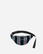Colourful striped waist bag on a light gray background